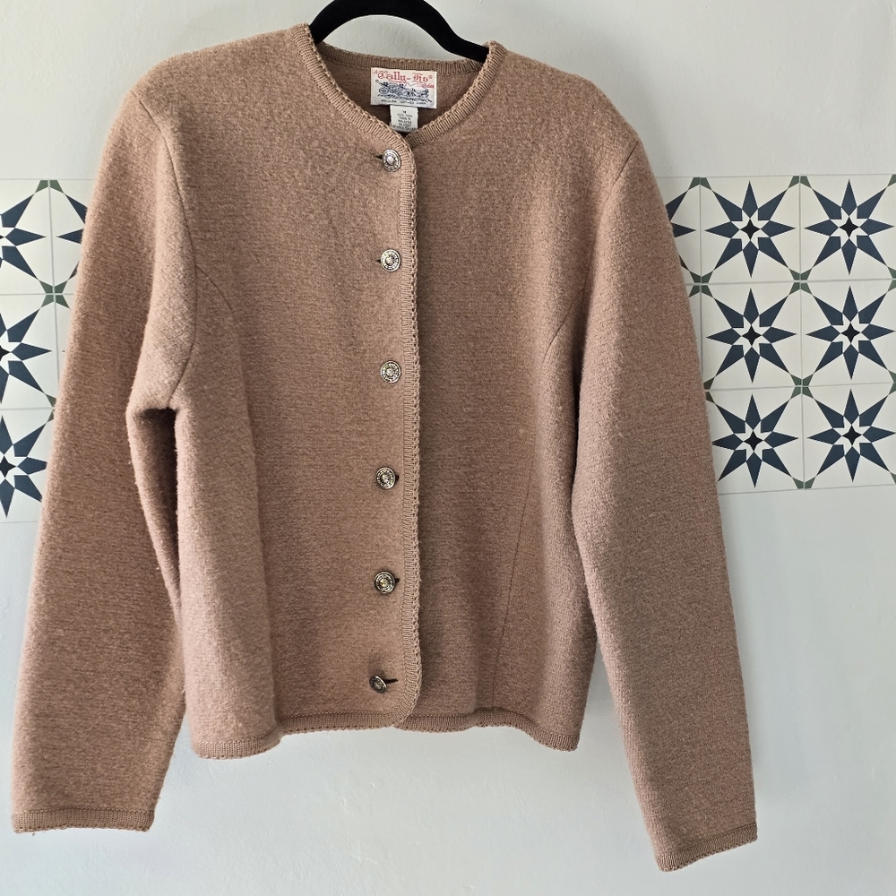 Vintage Tally Ho Tan Neutral 100% Wool Sweater Cardigan Jacket